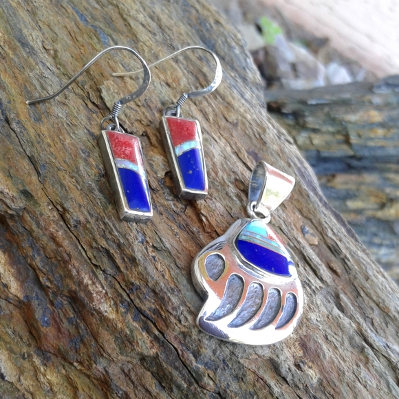 Sterling Silver Multi Inlay Bear Claw Pendant SET - Picture 4 of 6